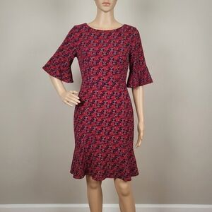 Boden Raspberry Floral-Print Midi Dress with Flared Elbow Sleeves Pre-owned